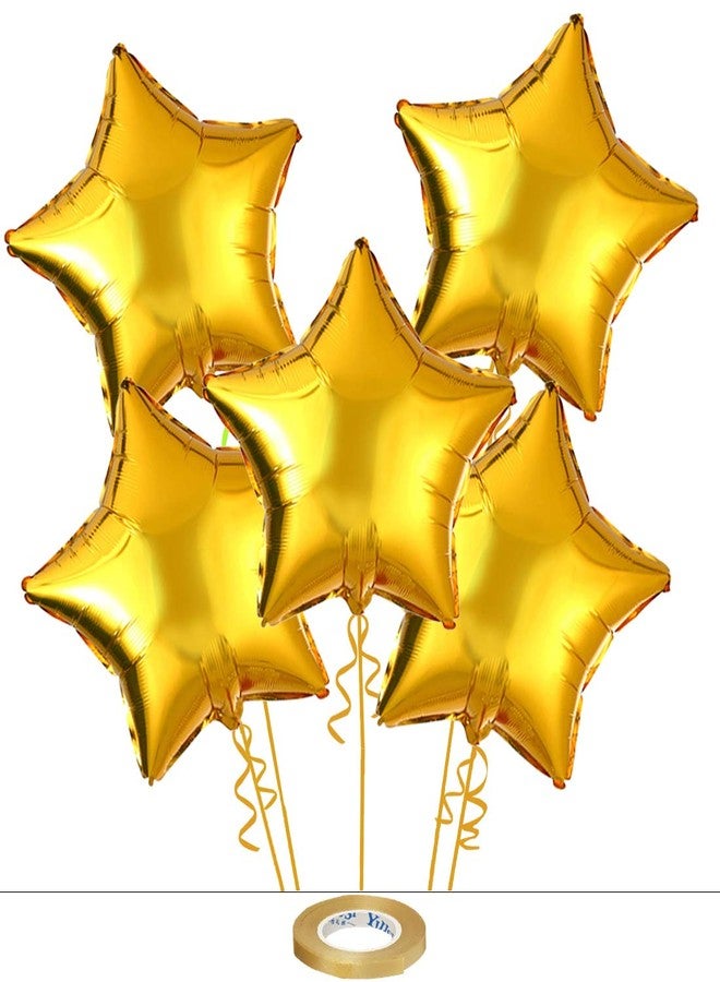 AMFIN® (Pack of 5) 18 Inch Star Shape Foil Balloon with Balloons Ribbon for Birthday, Baby Shower, Wedding Anniversary Party Home Decoration/Kids Birthday Decoration Items - Golden - Image 1